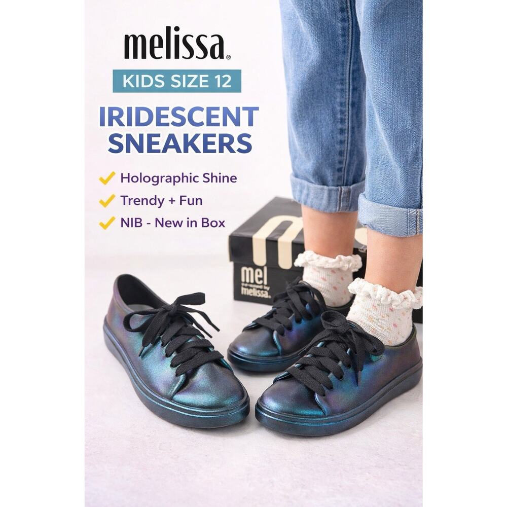 Melissa Kids Size 12 Oil Slick Lace Up Sneakers NIB Holographic Black Shoes Chic